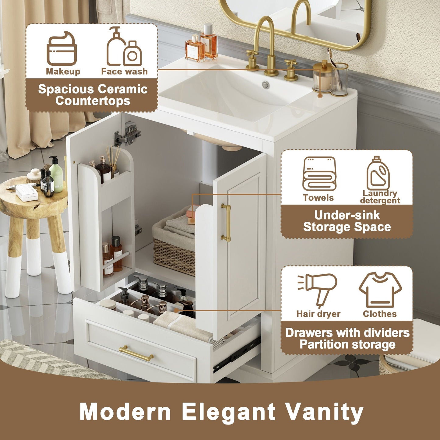Bathroom Vanity With Sink, 1 Divided Drawer And 2 Soft Close Doors With Double Shelf