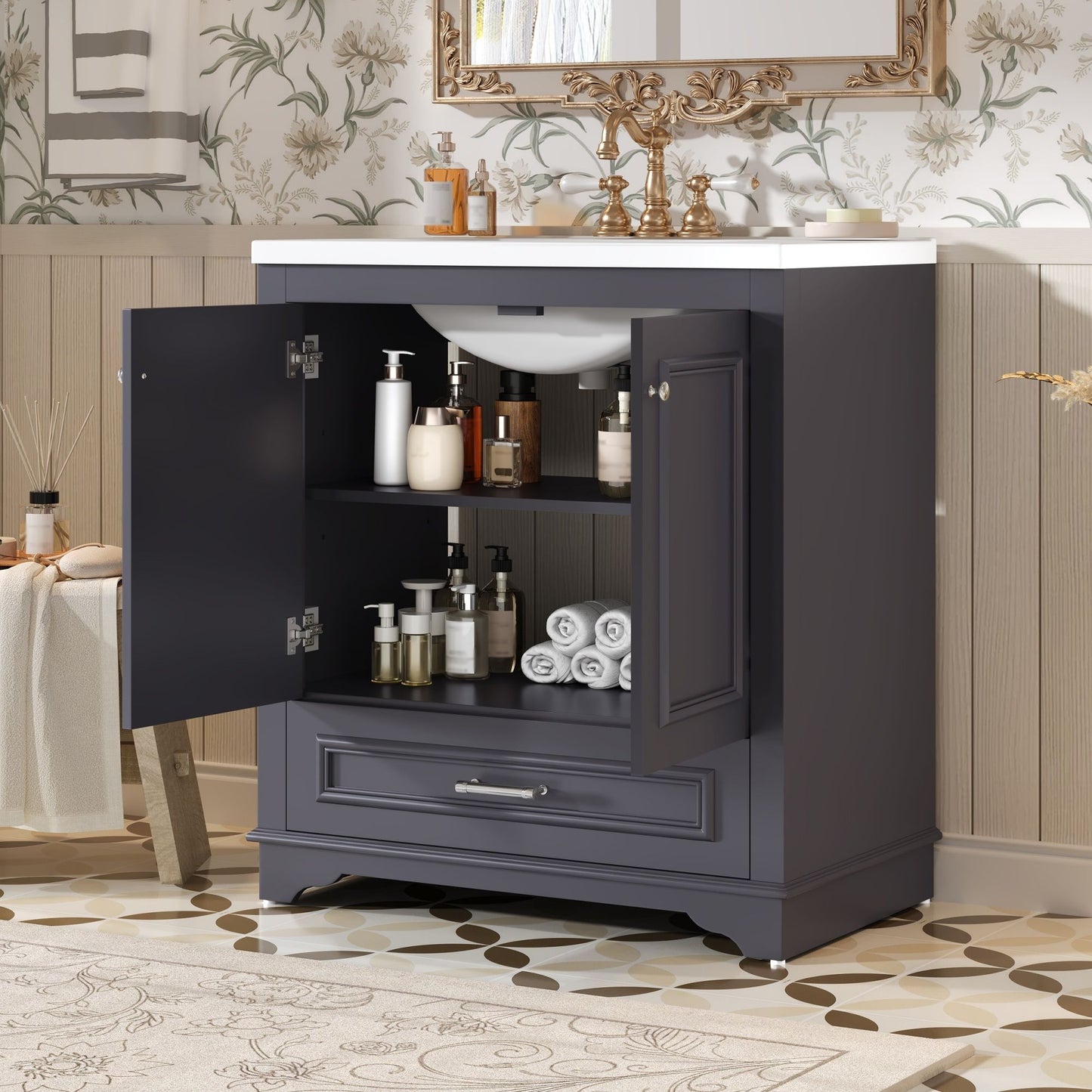 Bathroom Vanity With Sink, Cabinet & 2 Soft Closing Doors & Adjustable Shelf