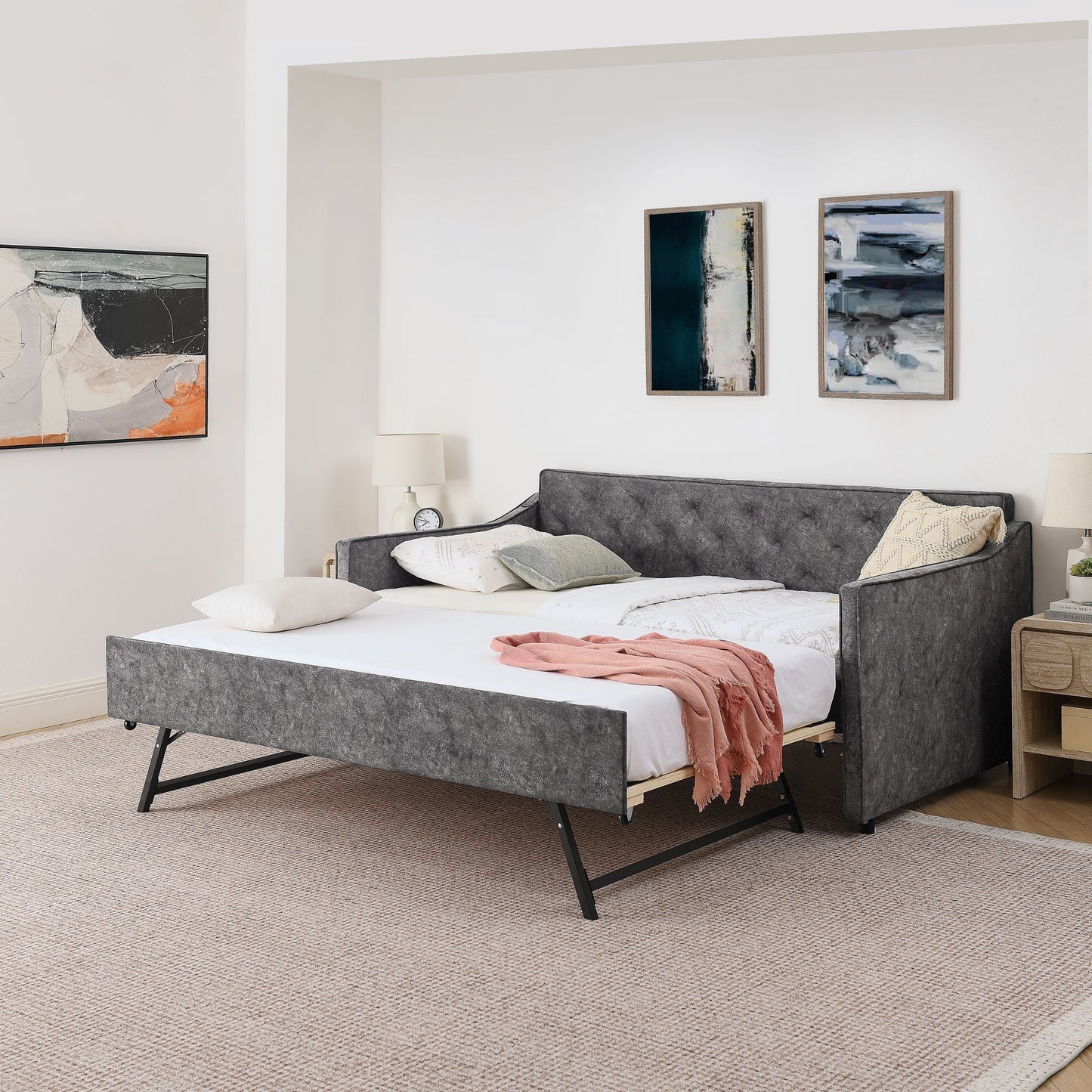 Daybed With Pop Up Trundle And USB Charging Armrest