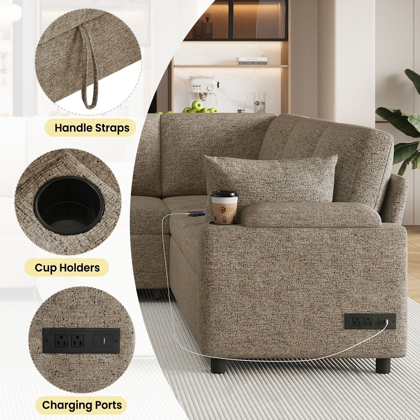 U-Shaped Sectional Sofa Bed With Storage, Charging Ports, And Cup Holders - Brown