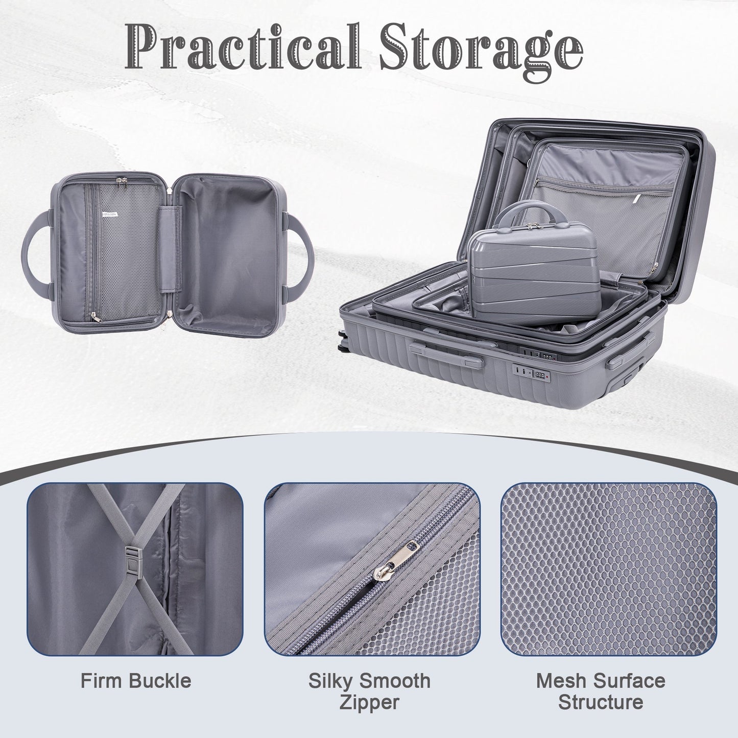 4-Piece PP Spinner Wheel Luggage Set with Cosmetic Case, Light Gray