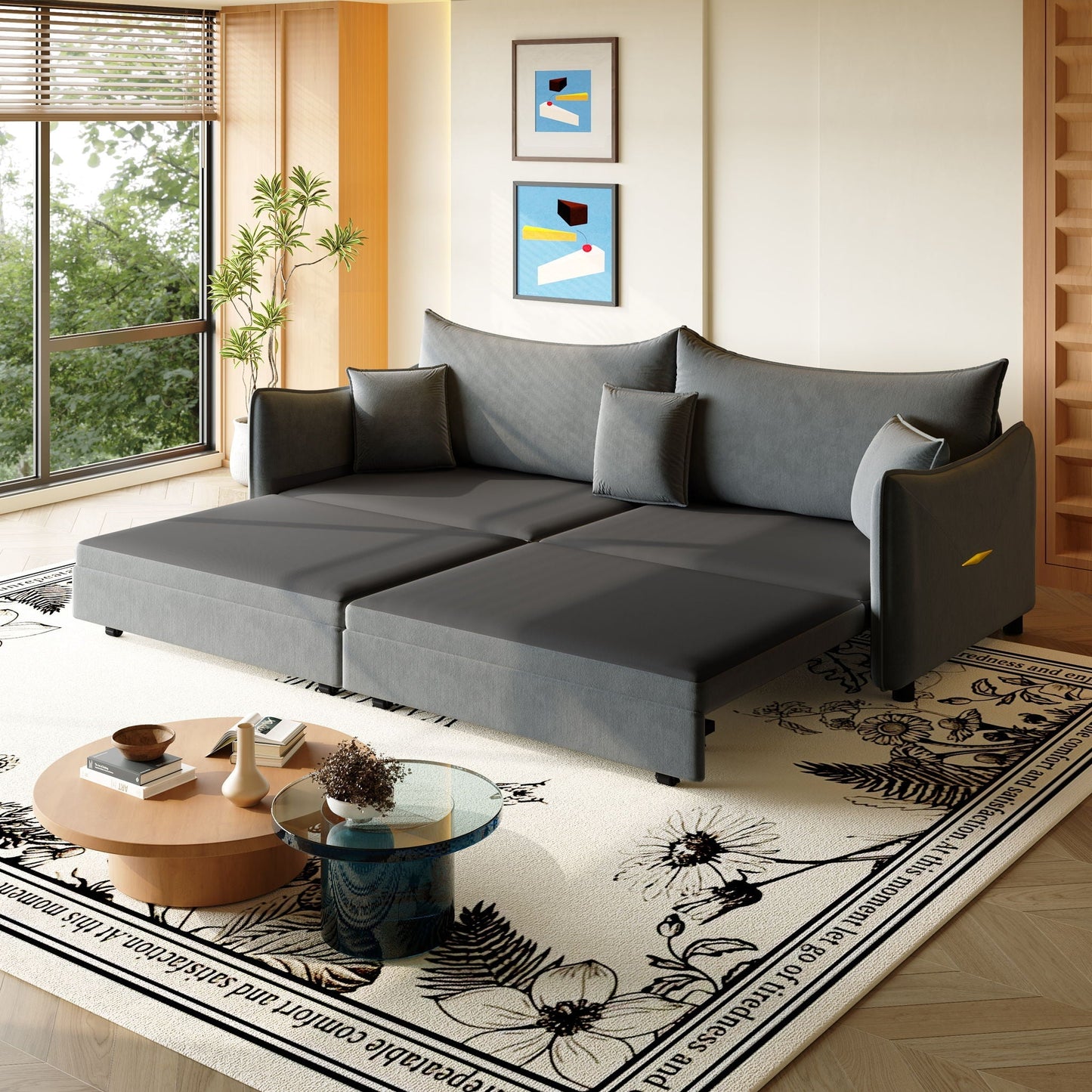 King Pull Out Sofa Bed, 3-In-1 Convertible Bed With 3 Pillows