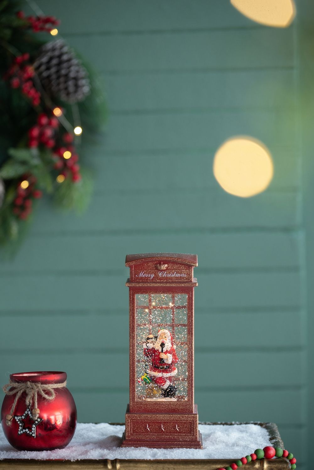 Christmas Lighted Water Spinning Phone Booth With Santa On Phone, 3*AA Batteries Required - White / Red