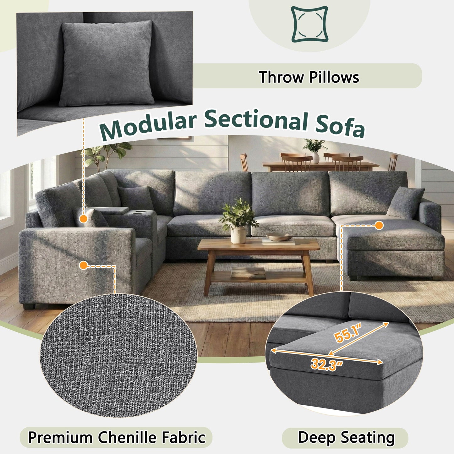 Modular 5 Seat U-Shape Sectional Sofa With Chaise Lounge, Built In Cup Holders And Storage Drawer