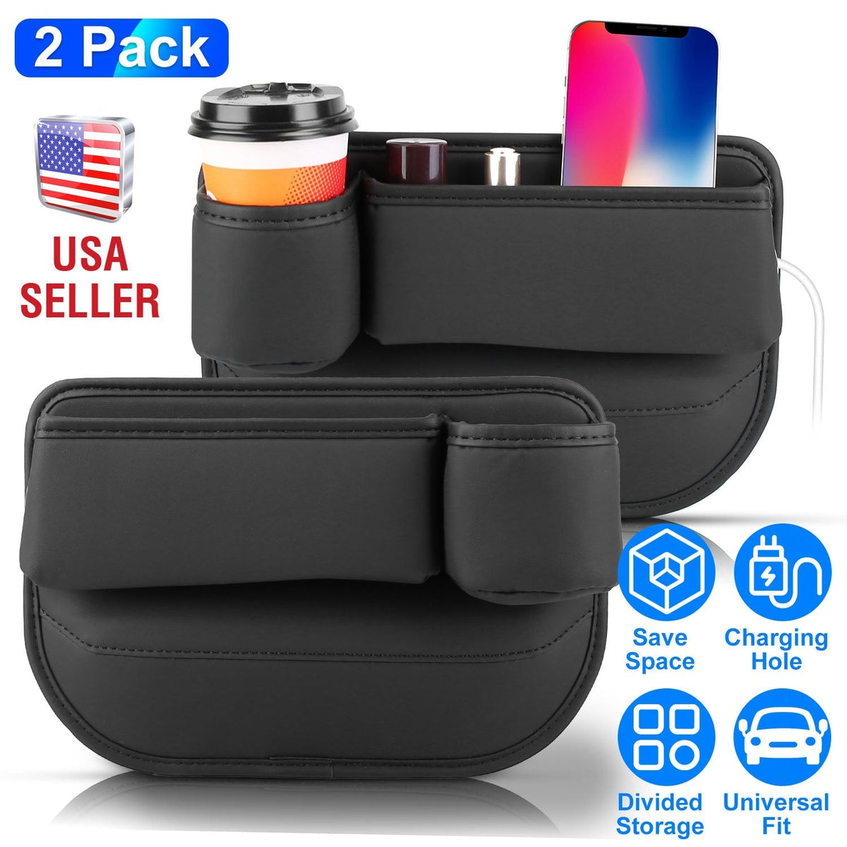 2 Pack Car Seat Gap Filler Organizer Car Leather Cup Holder Gap Bag Universal Car Seat Storage Black for Placing Keys Cards Phones Drinks Lipstick