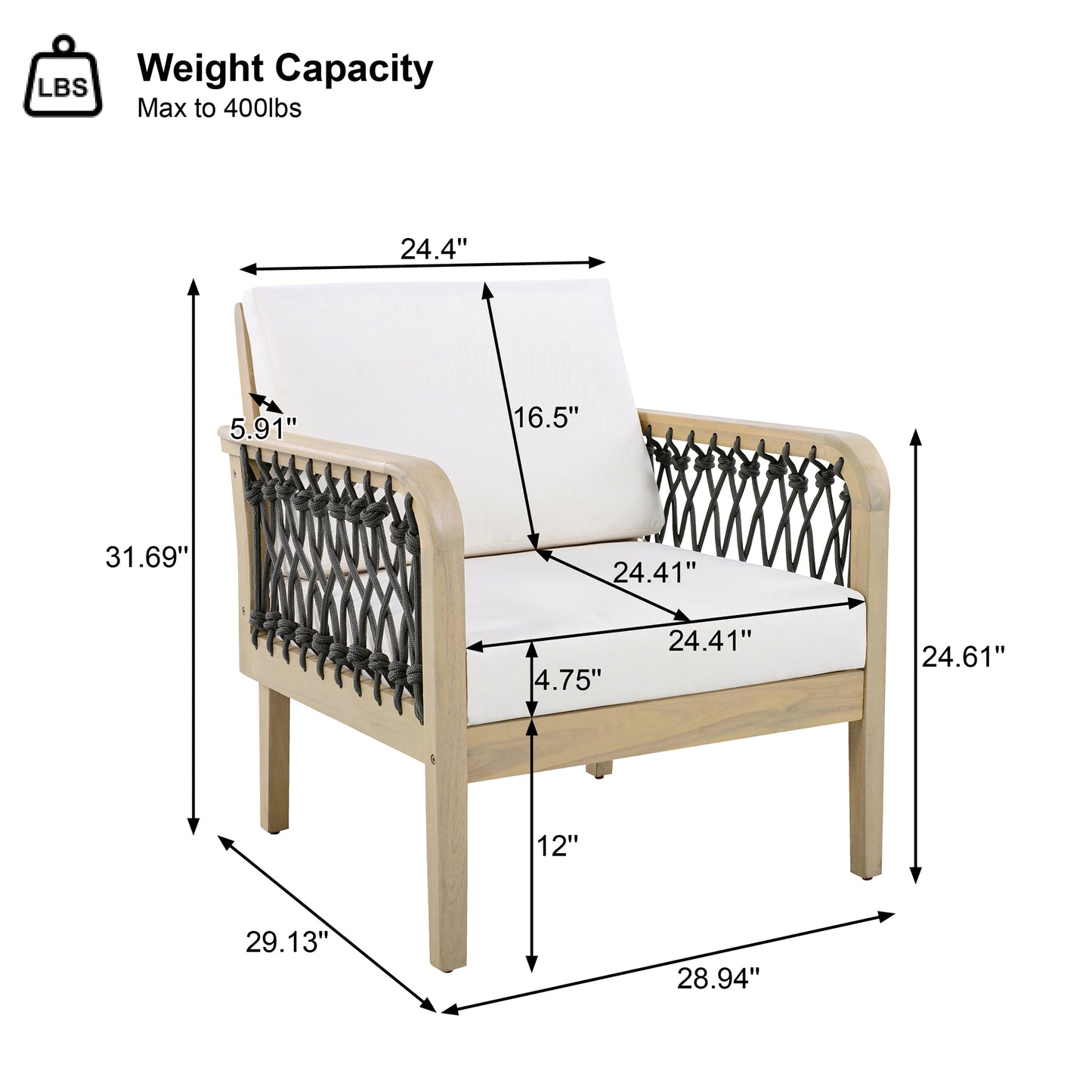 Outdoor Acacia Wood Club Chair with Handwoven Rope (Set of 2)