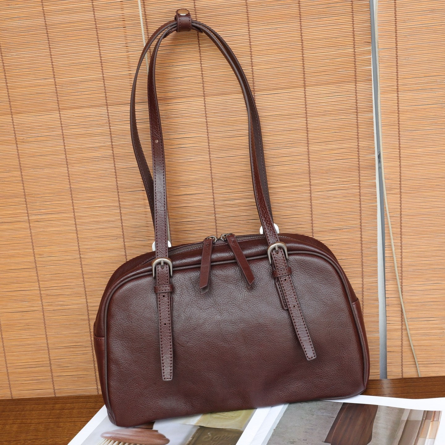 Top-grain Tree Gum Cowhide Bowling Bag, Large Capacity, Simple Design, Handheld, Single Shoulder, Crossbody, Commuter Underarm Women's Bag