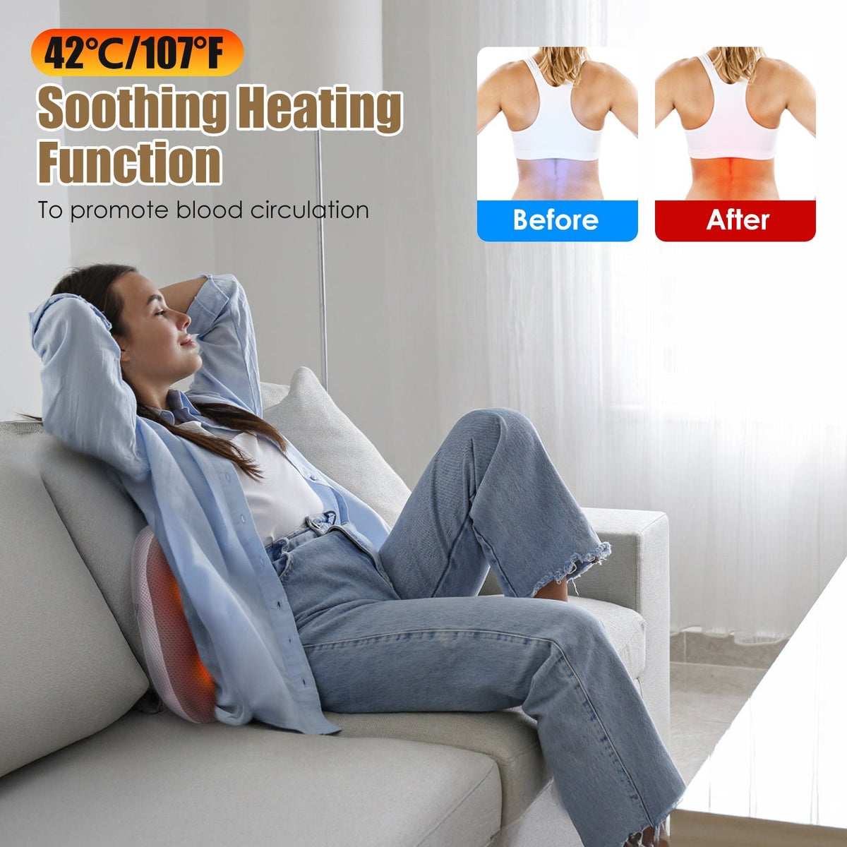 Shiatsu Back And Waist Massager With Heat Cordless Rechargeable Kneading Lower Back Massage Pillow Portable Lumbar Massager For Home Car Office