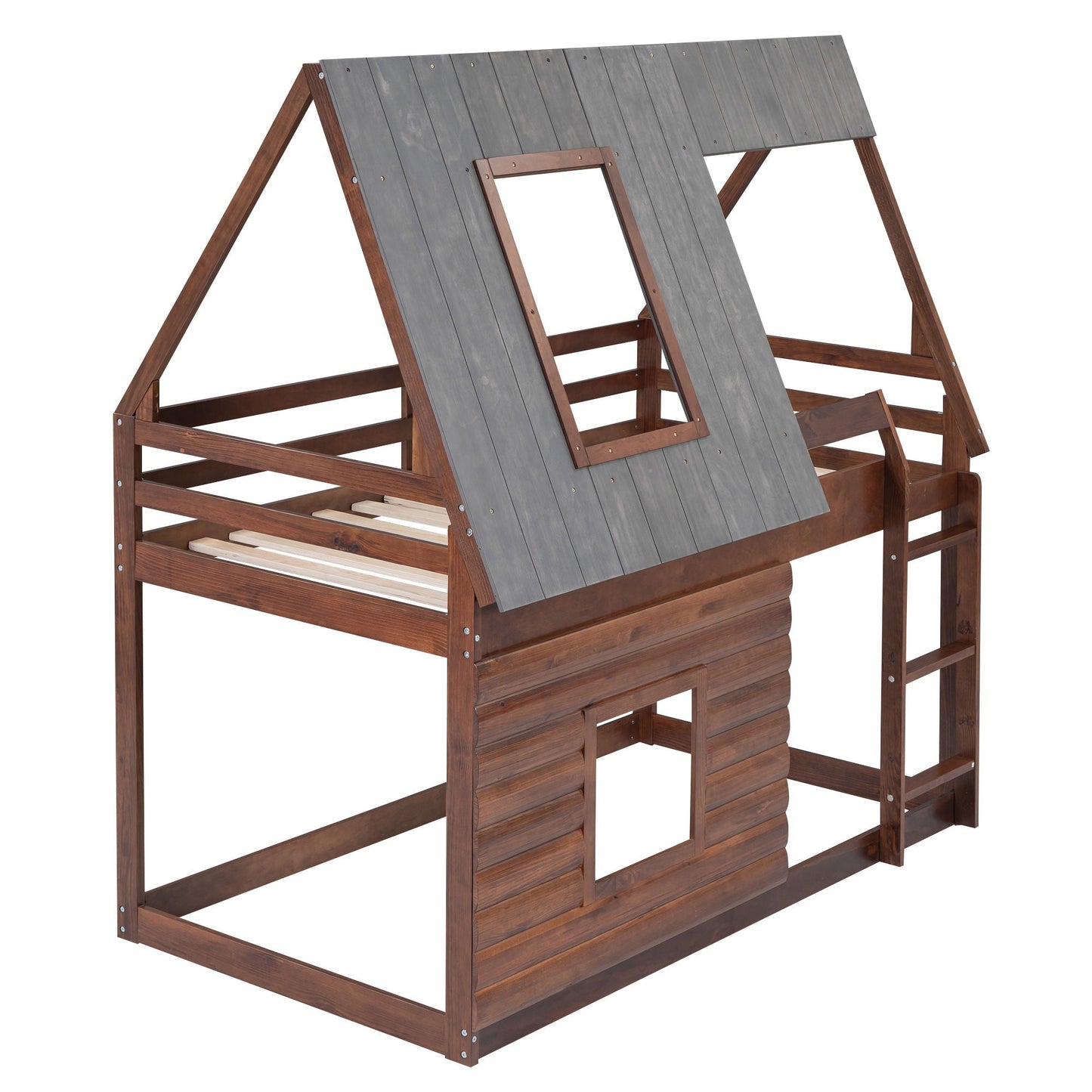 Wood Twin Size House Bunk Bed With Roof, Ladder And 2 Windows - Oak & Smoky Gray