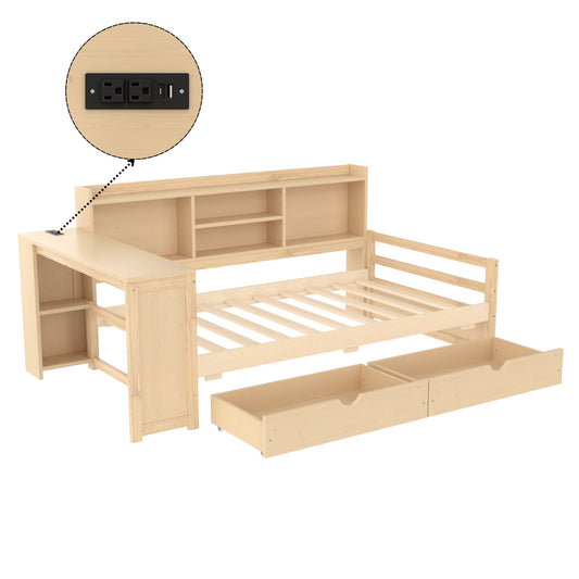 Corner Daybed With Storage Drawers, Desk, Charging Port & Bookcase