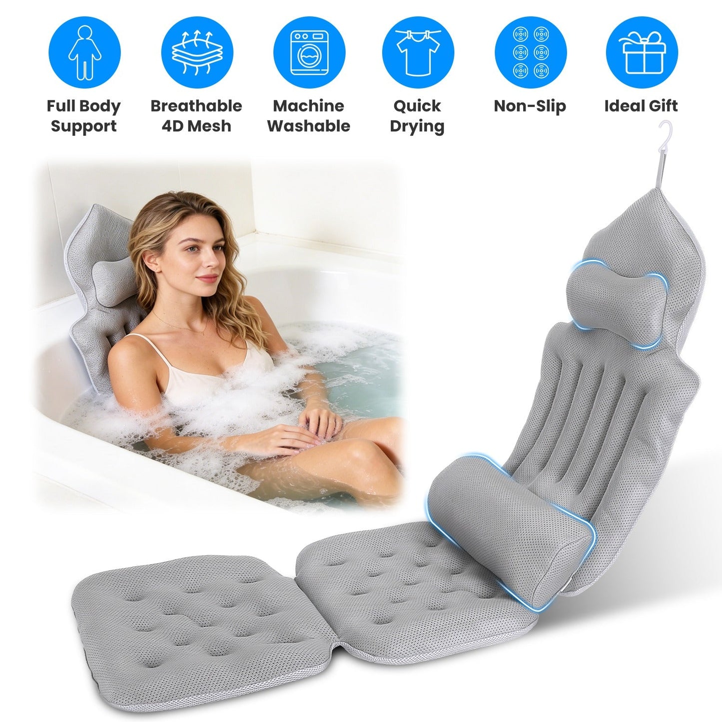 Full Body Bath Pillow with Lumbar Support & Suction Cups