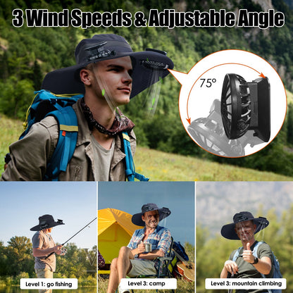 Outdoor Wide Brim Sun Hat With 2 Rechargeable Fans Solar Powered 3 Wind Speeds UPF50+ Breathable Waterproof Nylon Mesh Outdoor Hat For Hiking Camping