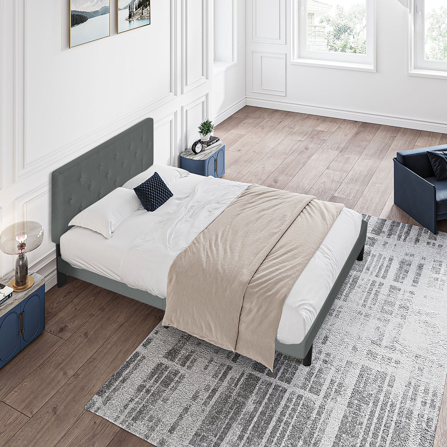Modern Upholstered Platform Bed Frame With Button Tufted Fabric Headboard