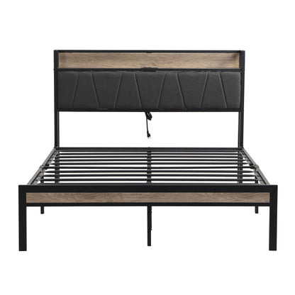 Modern Bed Frame With LED Lights, Upholstered Headboard, USB Charging