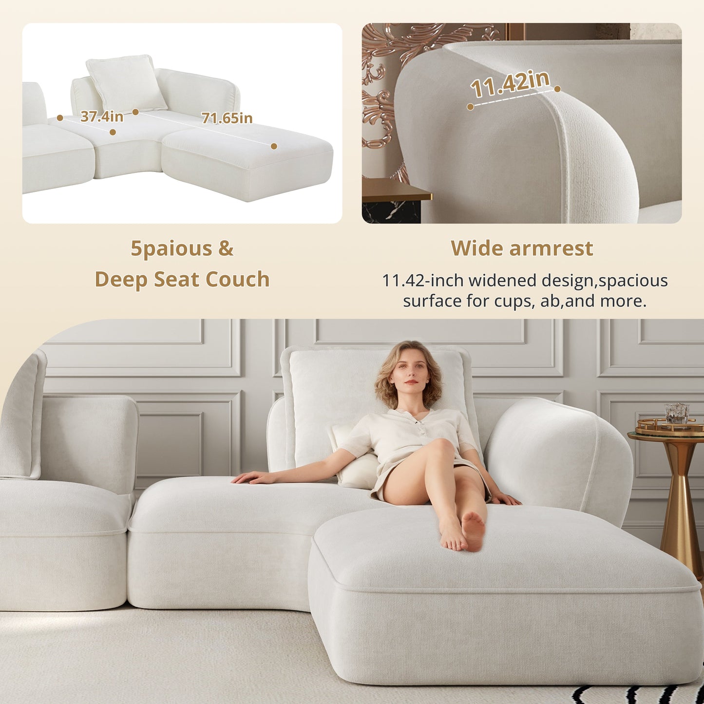 122" Modern L-Shaped Sectional Sofa with High-Density Foam and Chaise Lounge