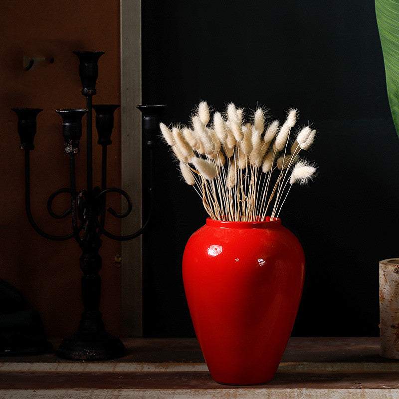 New Glossy Red Ceramic Living Room Decor Synthetic Flowers Vase