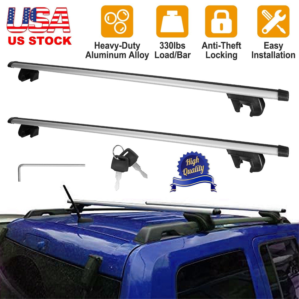 2Pcs Car Roof Top Crossbar Rack Aluminum Alloy Luggage Carrier Rack 330lbs Max Load w/Lock Fit Most Cars SUVs