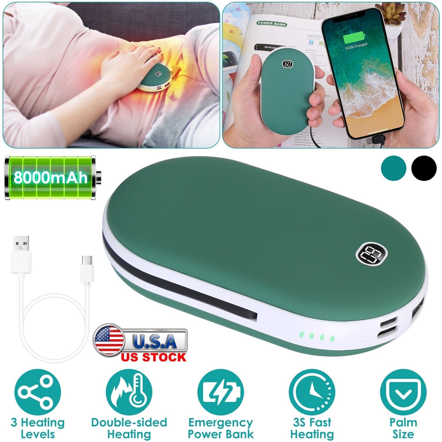 8000mAh 2 In 1 Electric Hand Warmer Rechargeable Hand Heater Portable Pocket Warmer with Power Bank 3 Heating Levels Digital Display Double-sided Heat