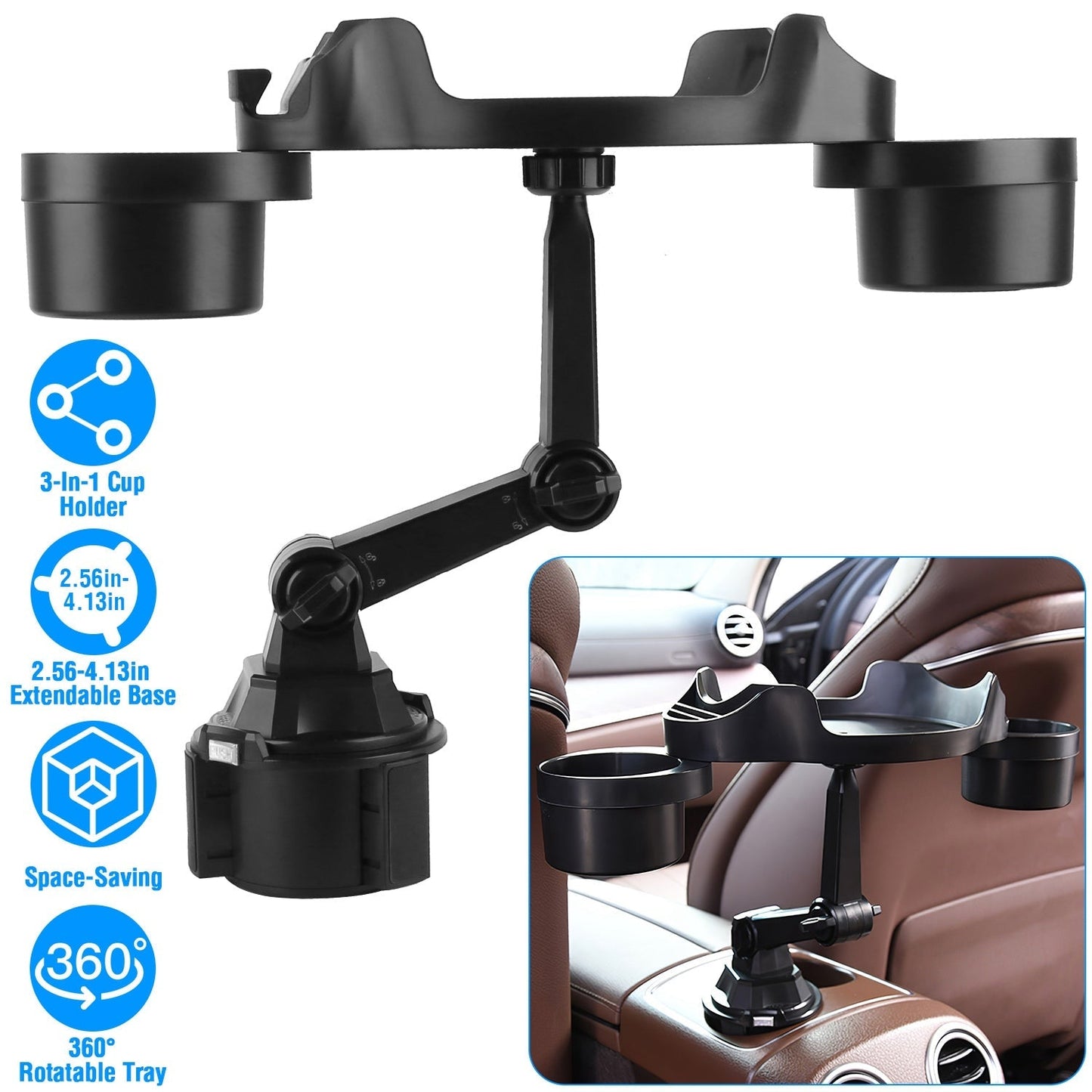 Car Cup Holder Expander 360¡ Rotating Car Tray Bottle Holder Adapter Multifunctional Water Cup Mount Stand with Phone Slot