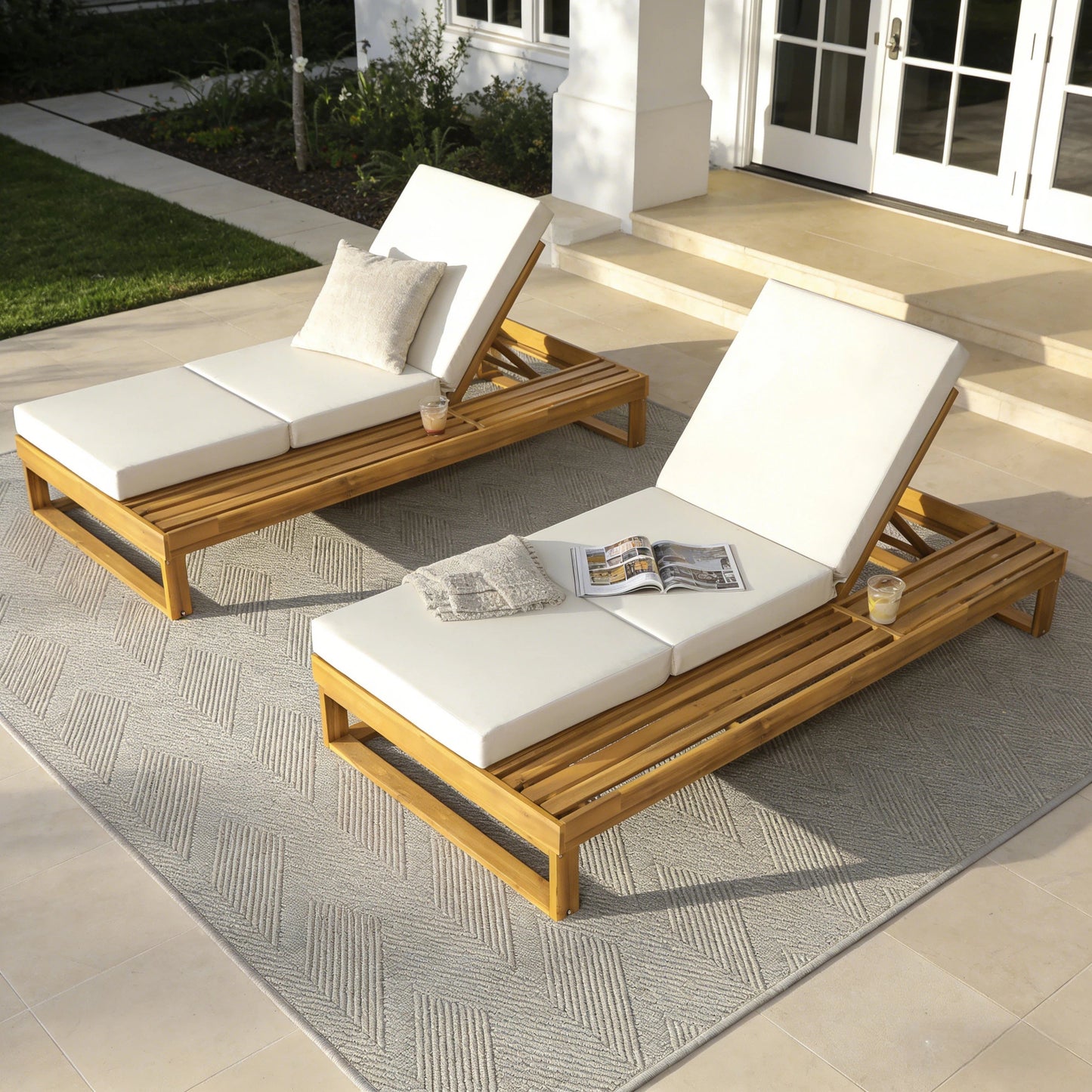 Teak Finish Acacia Wood Chaise Lounge with 4-Inch Cushion