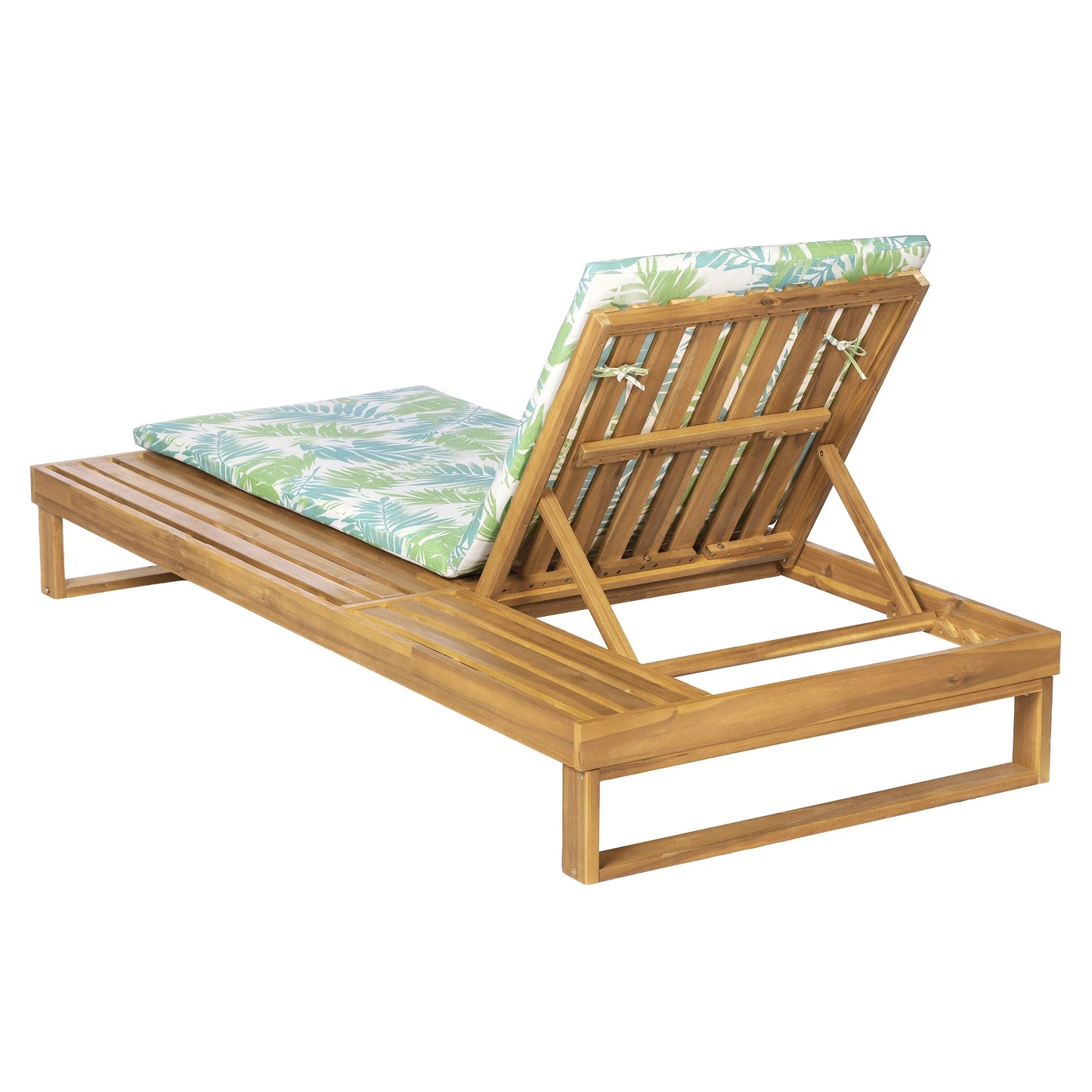 Teak Finish Acacia Wood Chaise Lounge with Leaf Coconut Cushion