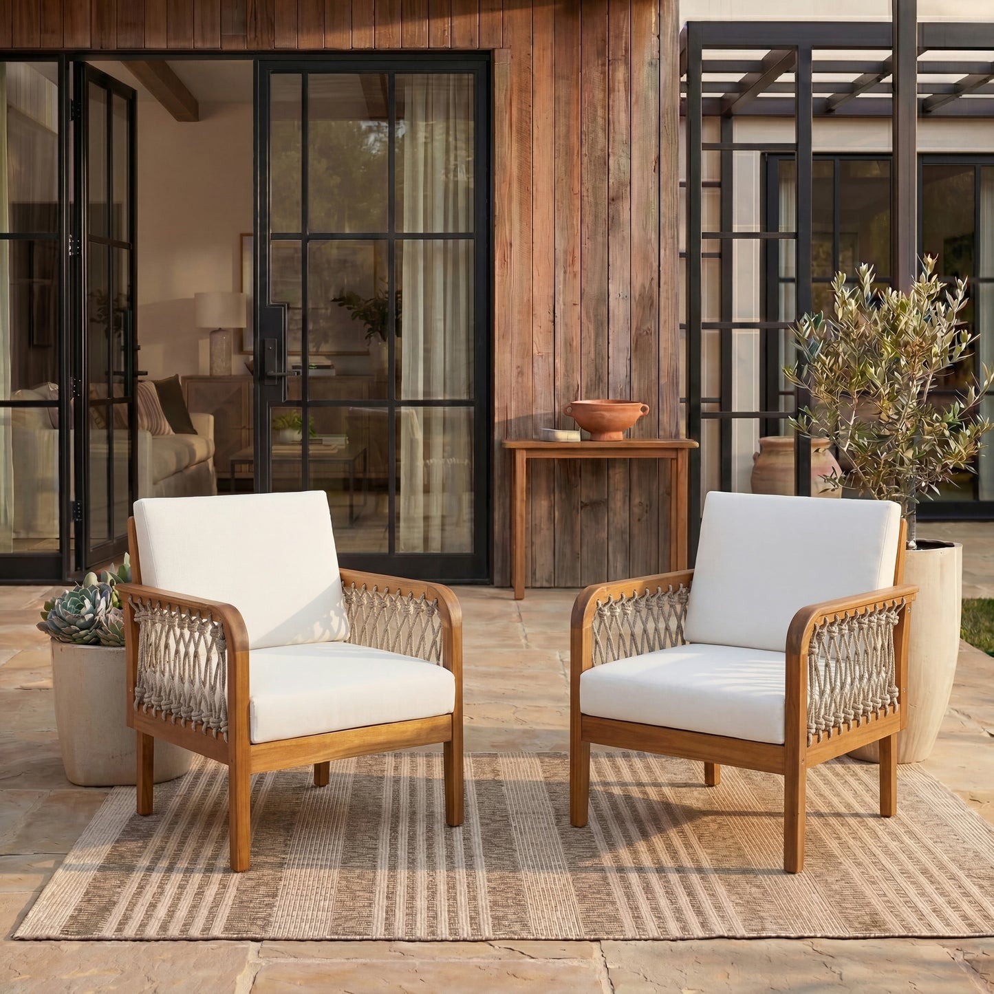 Outdoor Acacia Wood Club Chair with Handwoven Rope (Set of 2)
