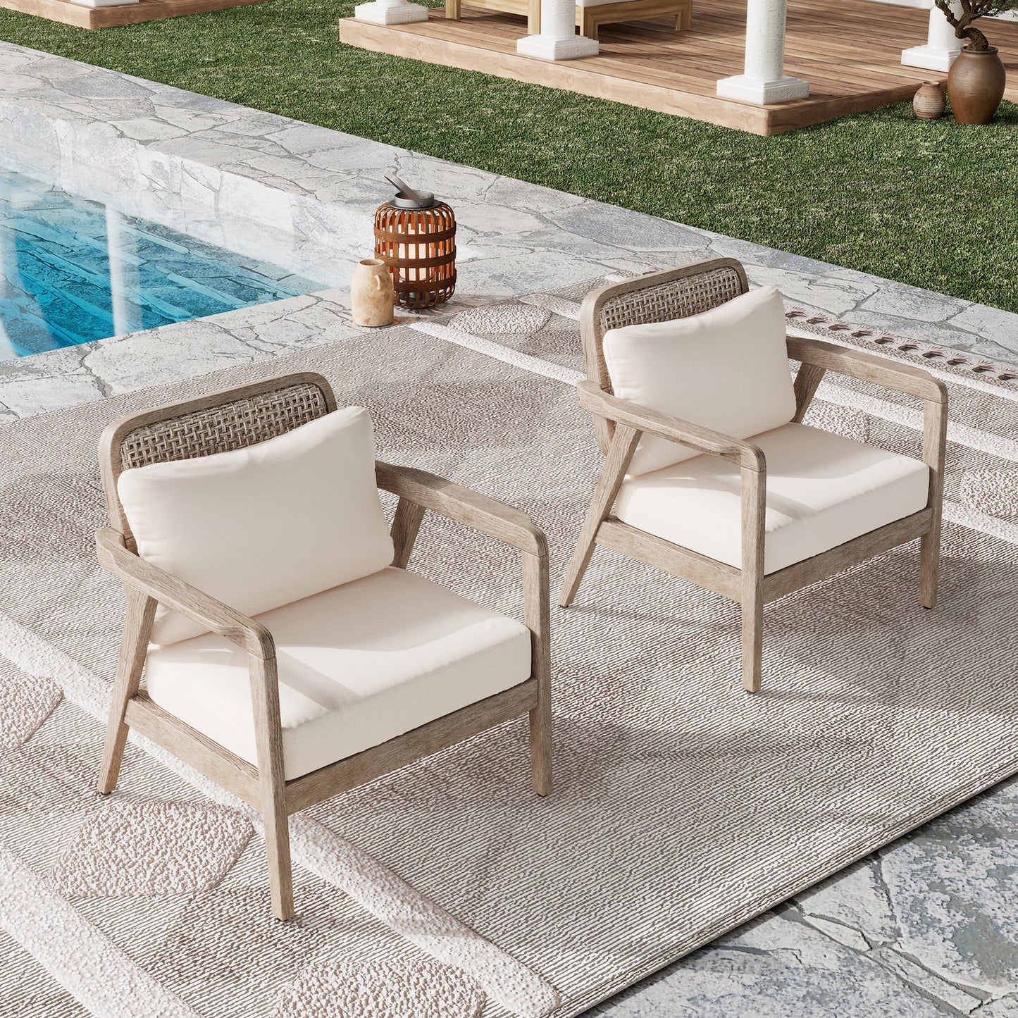 Set of 2 Outdoor Acacia Wood Patio Club Chairs with Waterproof Cushions
