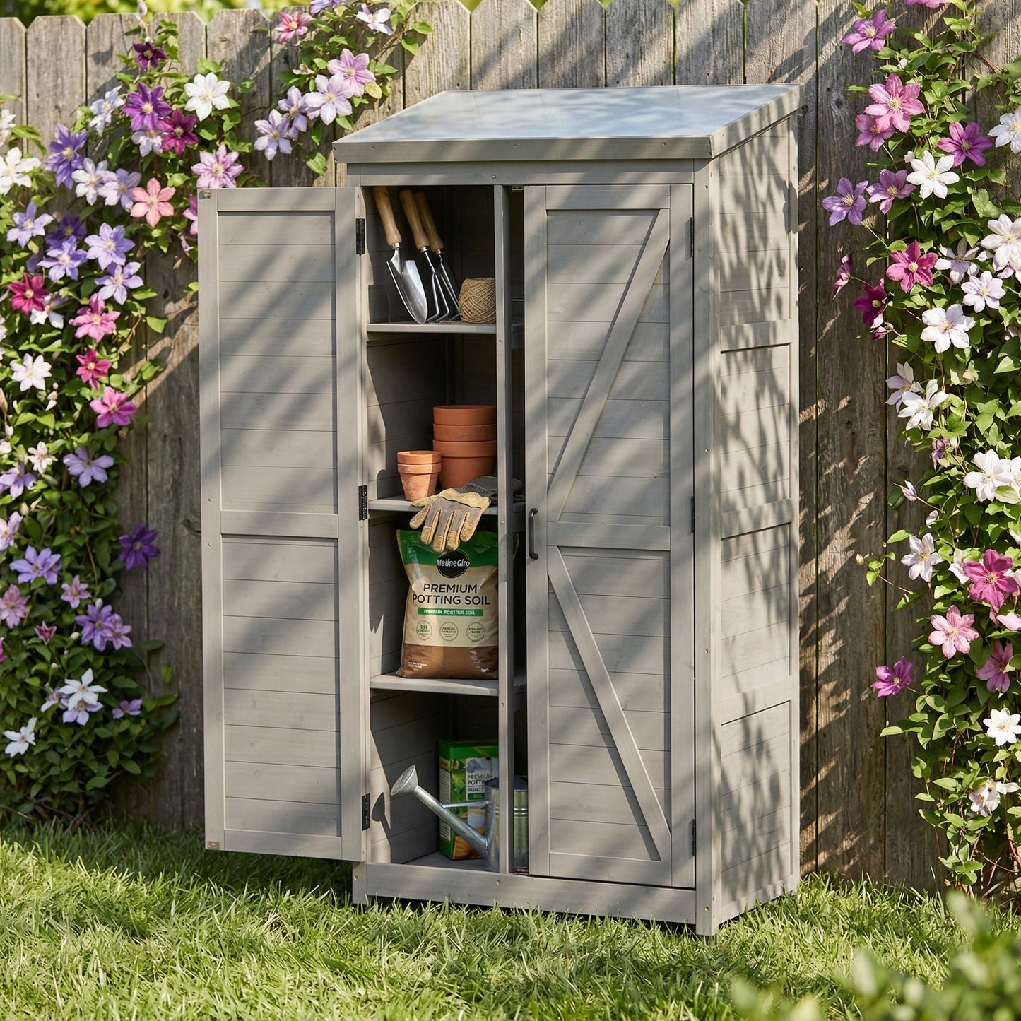 Outdoor Storage Shed With Vertical Tool Cabinet For Backyard