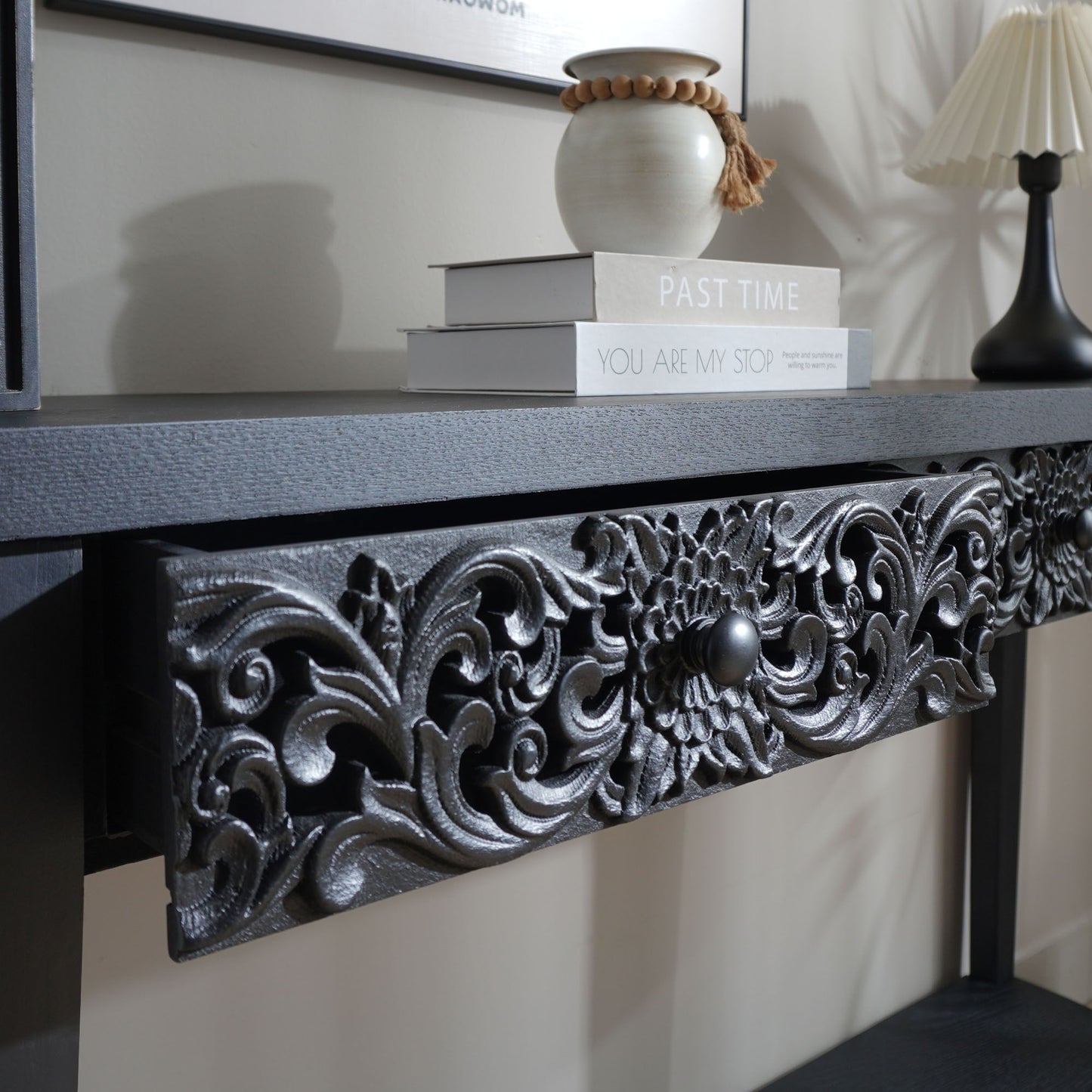 Carved Console Table With Storage Shelf For Living Room - Black