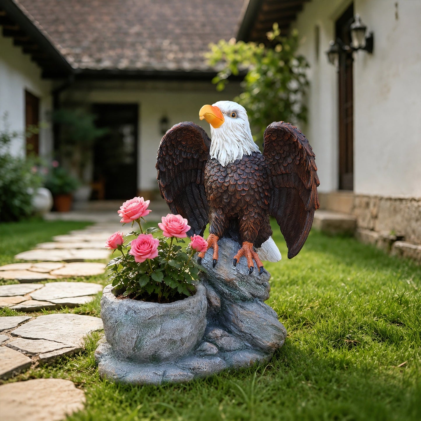 Standing Eagle Statue Garden Planter on Faux Stone Base