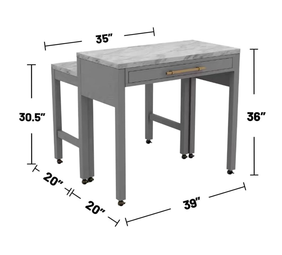 Light Gray Faux Marble Dining Table with Storage Drawer