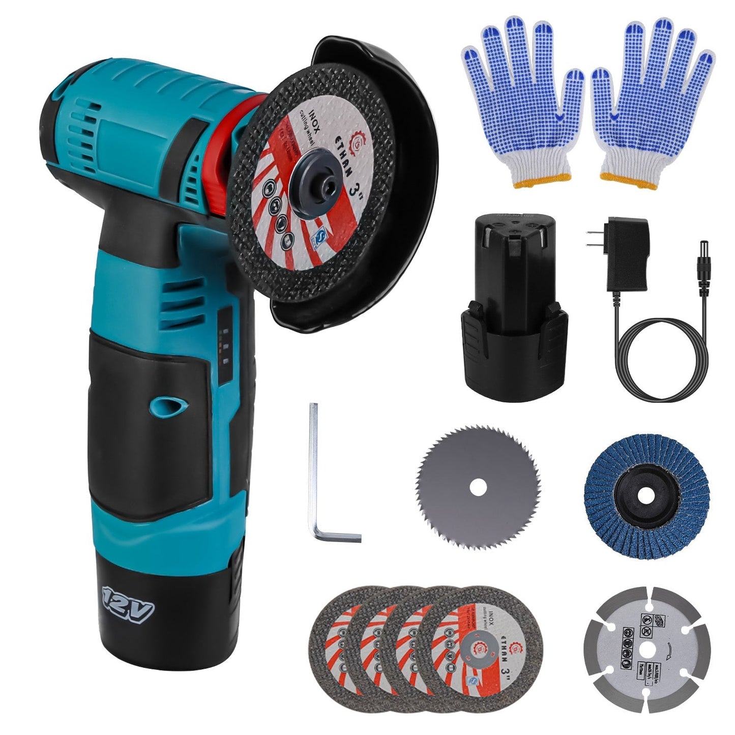 12V Cordless Mini Angle Grinder Hand Polishing Grinding Machine Cordless Cutter Grinding Tool with 7Pcs Disc 2Pcs 1100mAh Batteries and Charger Hex Ke