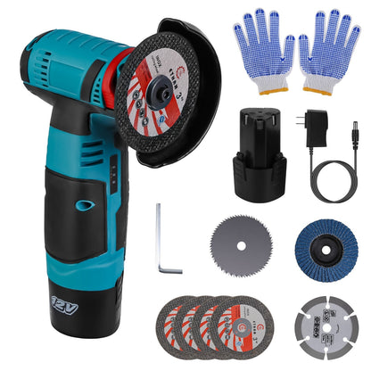 12V Cordless Mini Angle Grinder Hand Polishing Grinding Machine Cordless Cutter Grinding Tool with 7Pcs Disc 2Pcs 1100mAh Batteries and Charger Hex Ke