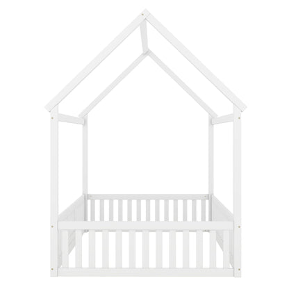 Wood House Bed With Fence And Door