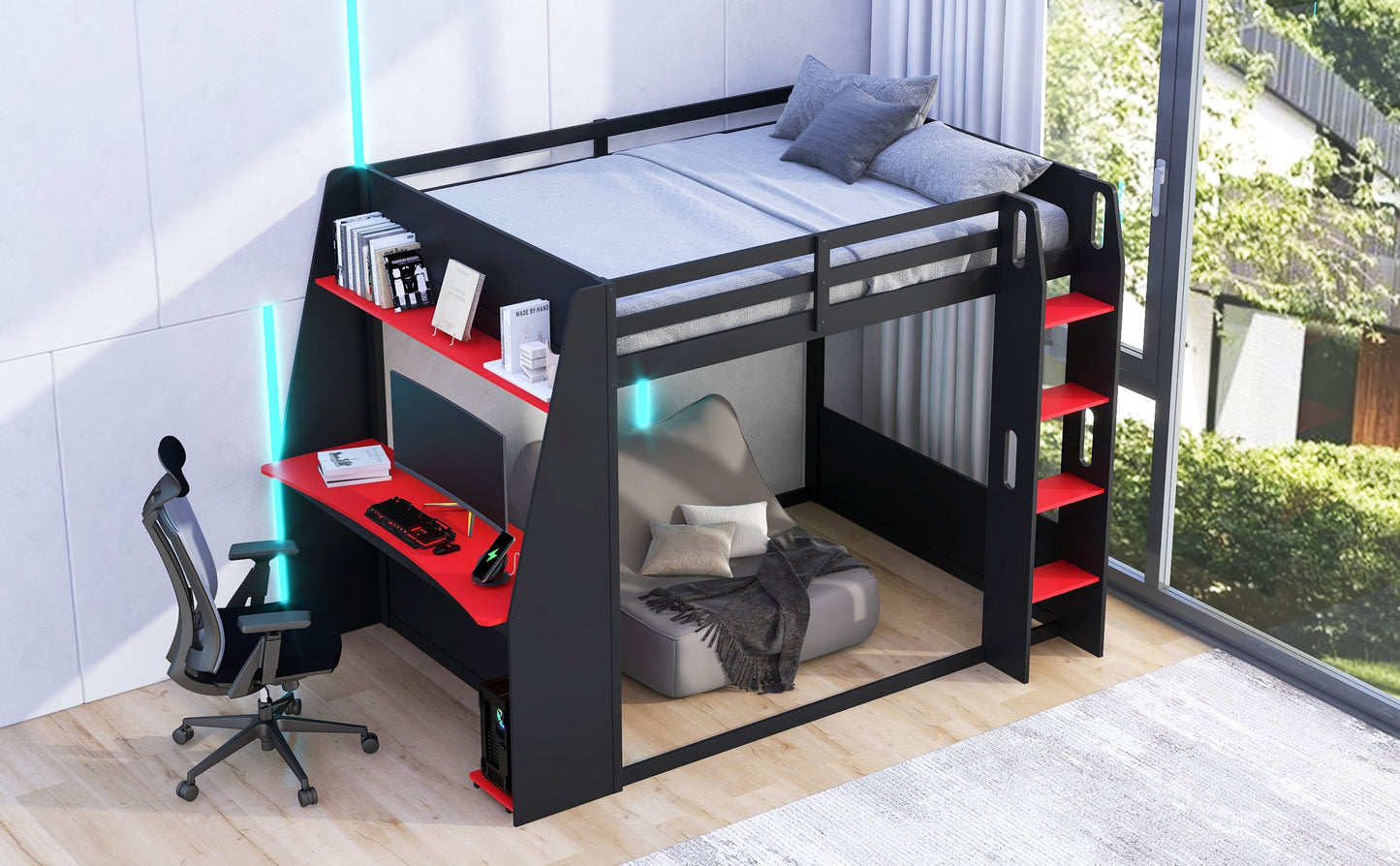 Full Size Wooden Gaming Bunk Bed with Desk, Two Storage Shelves, USB and LED Light