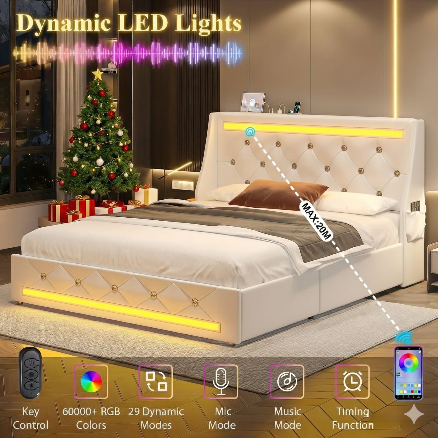 Wingback Upholstered Bed Frame With LED Lights, Charging Station