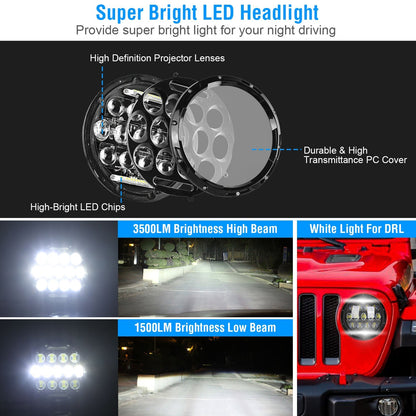 2Pcs 7In 75W Round LED Headlight 3500LM Halo Car Headlamp with DRL High Low Beam for Jeep Wrangler TJ JK CJ with H4 to H13 Adapters Plug and Play