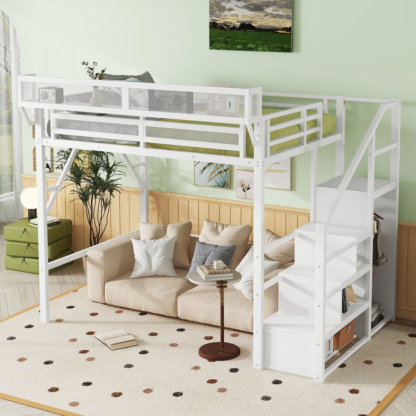 Full Size Loft Bed with Stairs and Storage Shelves