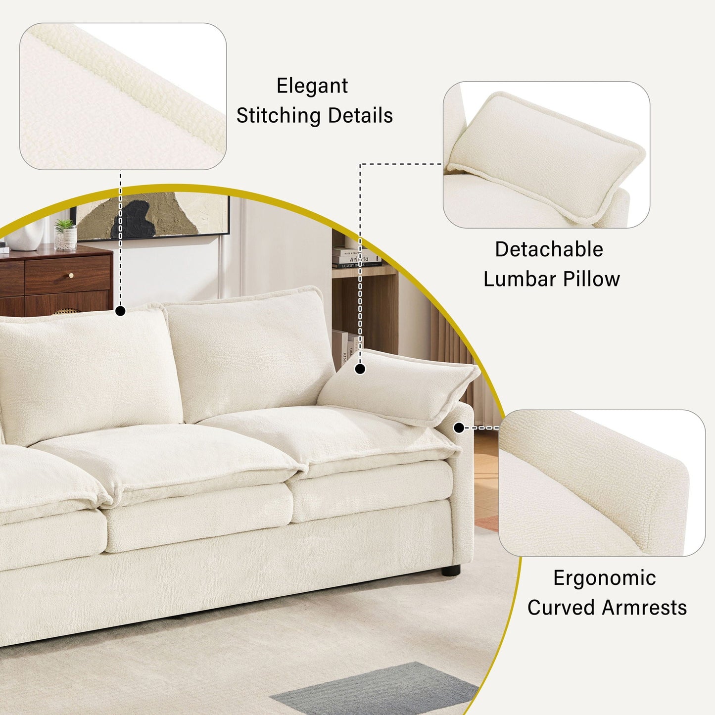 Modern 3 Seater Sofa With Side Storage Pockets For Living Room
