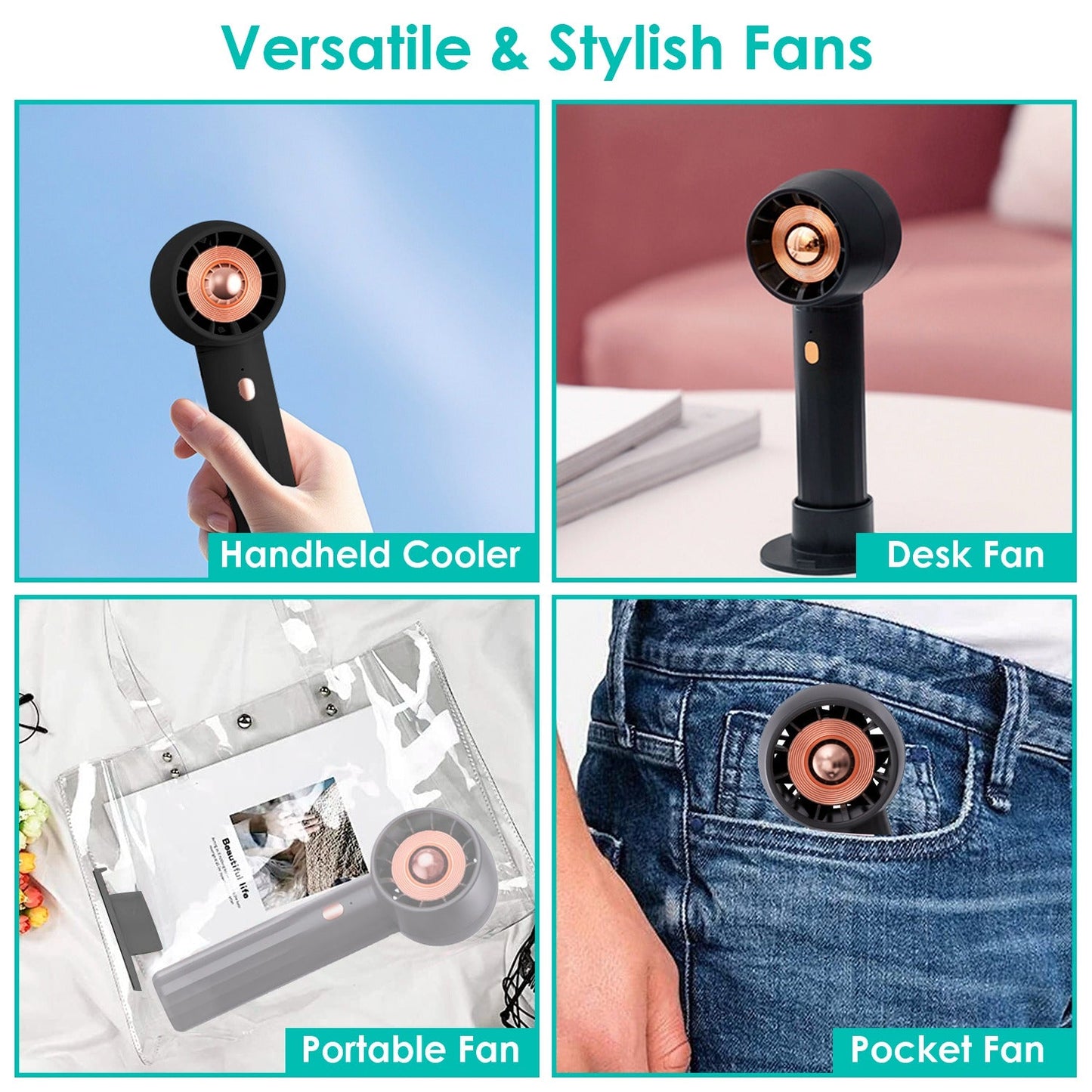Portable Handheld Fan Rechargeable Pocket Personal Fan Quiet Desk Phone Holder Fan with 3 Speeds Removable Base for Commute Office Outdoor Indoor