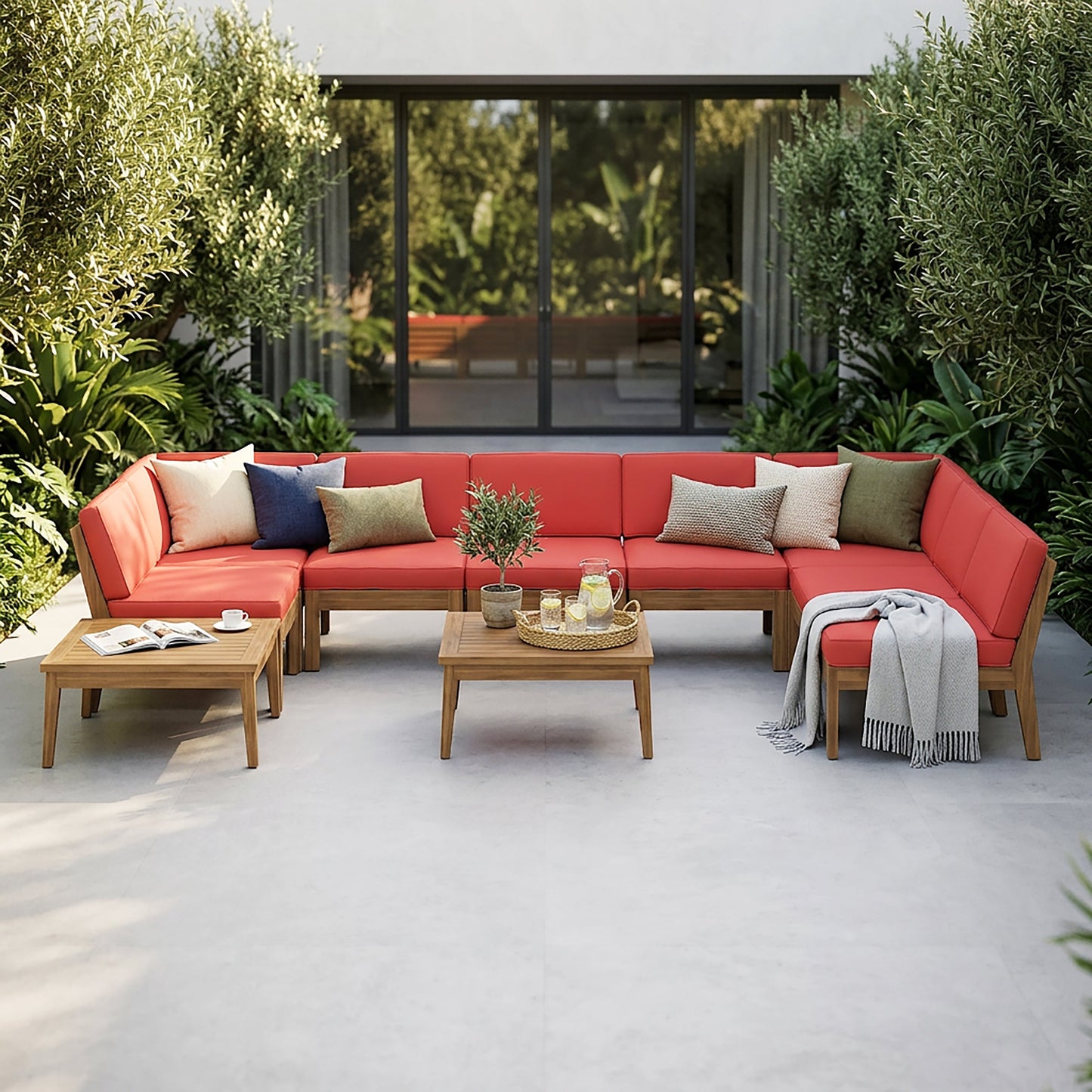 Grenada 8 Seater Acacia Wood Sectional Sofa Set, Teak + Red