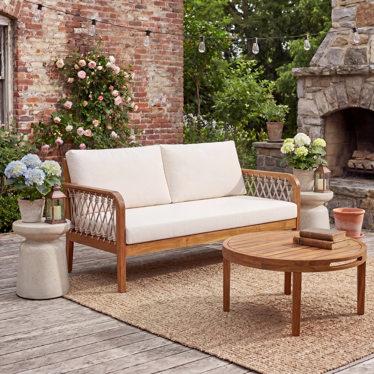 Outdoor Acacia Wood Loveseat & Coffee Table Set with Handwoven Rope, Teak Finish