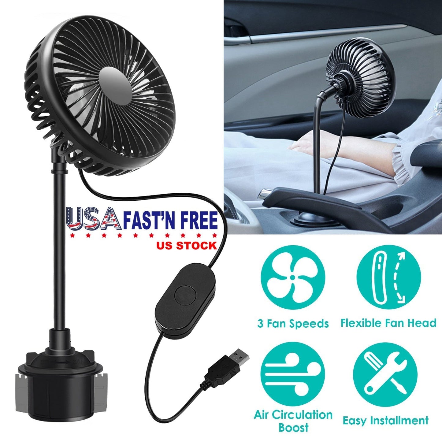 Car Cooling Fan Portable Car Cup Holder Fan Adjustable Gooseneck Fan with 3 Speeds for Car Van Truck SUV RV