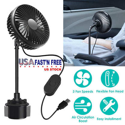 Car Cooling Fan Portable Car Cup Holder Fan Adjustable Gooseneck Fan with 3 Speeds for Car Van Truck SUV RV