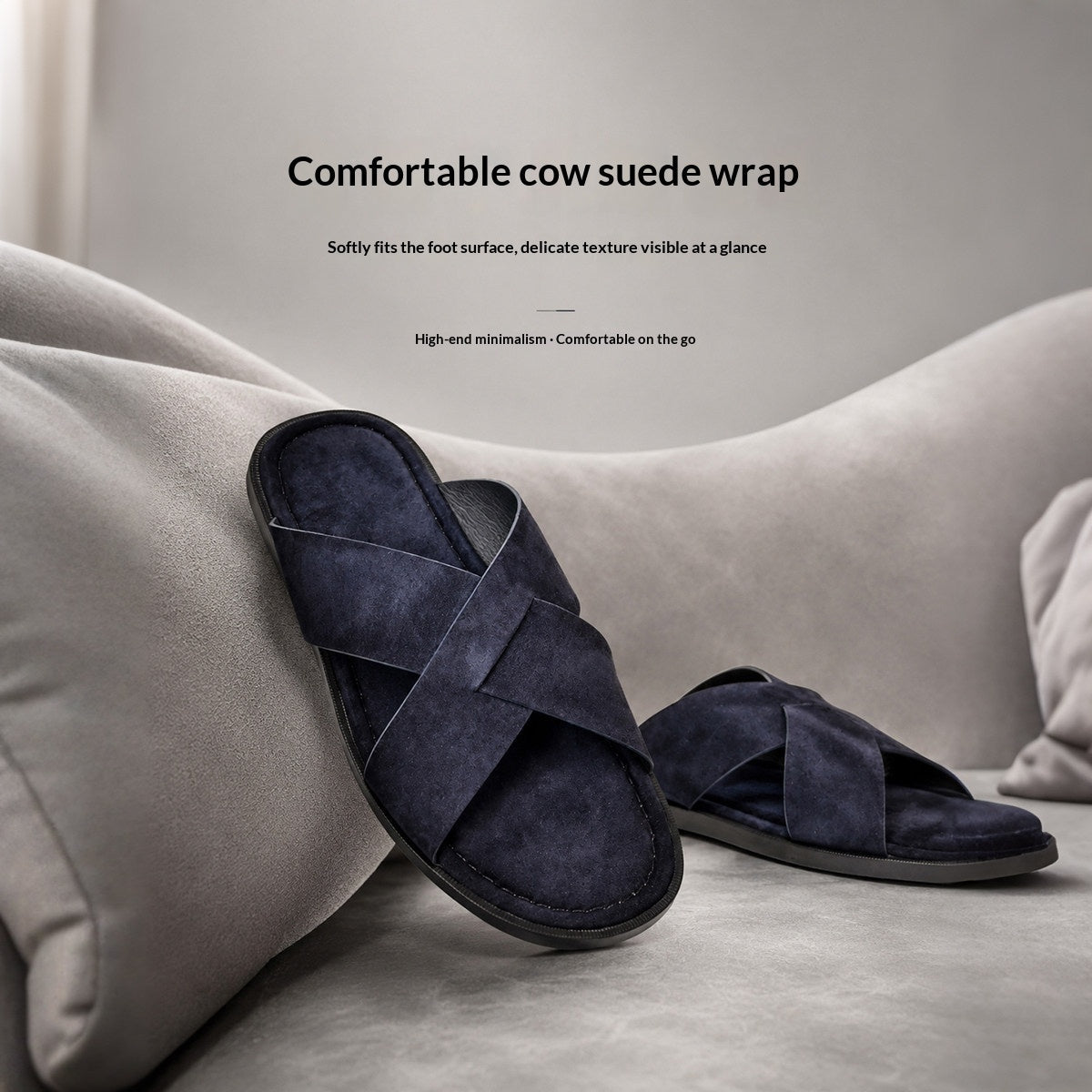 Mens Suede Slippers Summer Outdoor Cross-Strap Sandals
