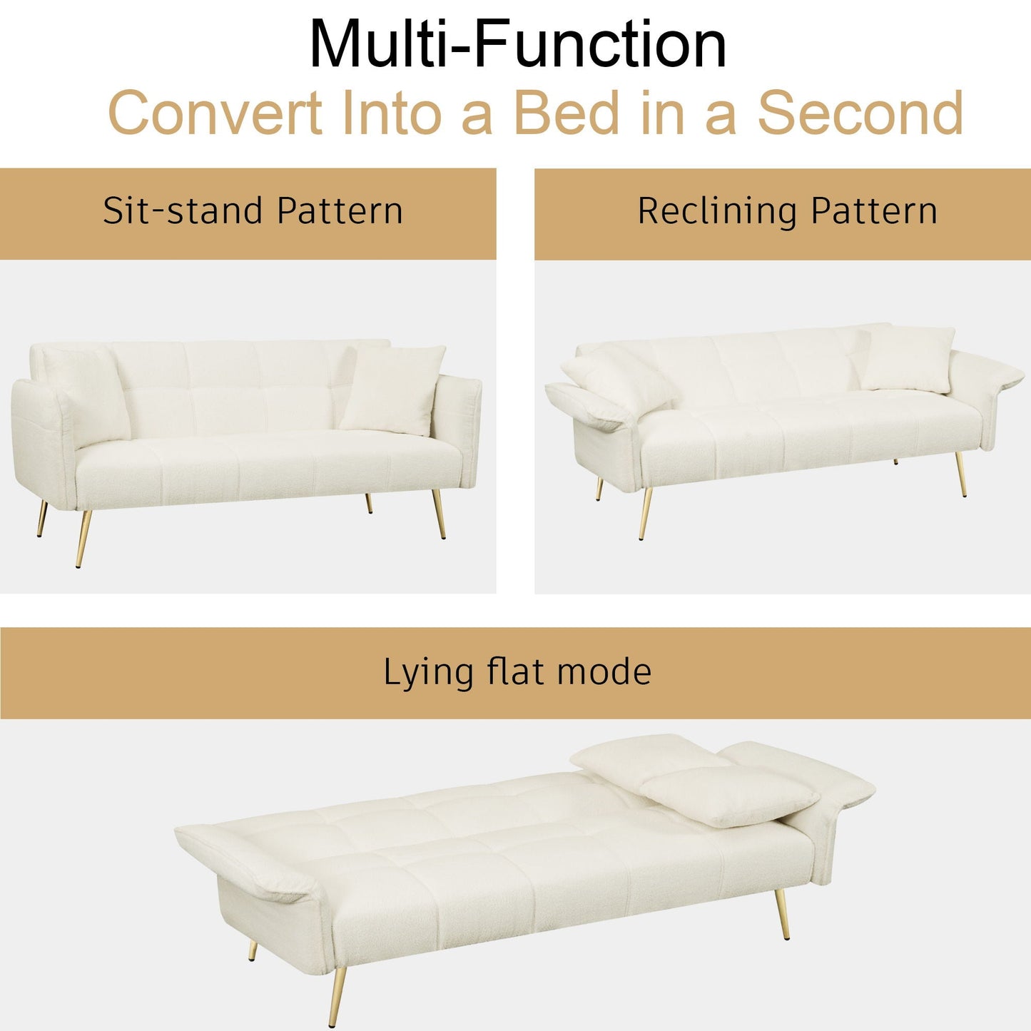 Convertible Double Futon Sofa Bed With Folding Armrests For Living Rooms