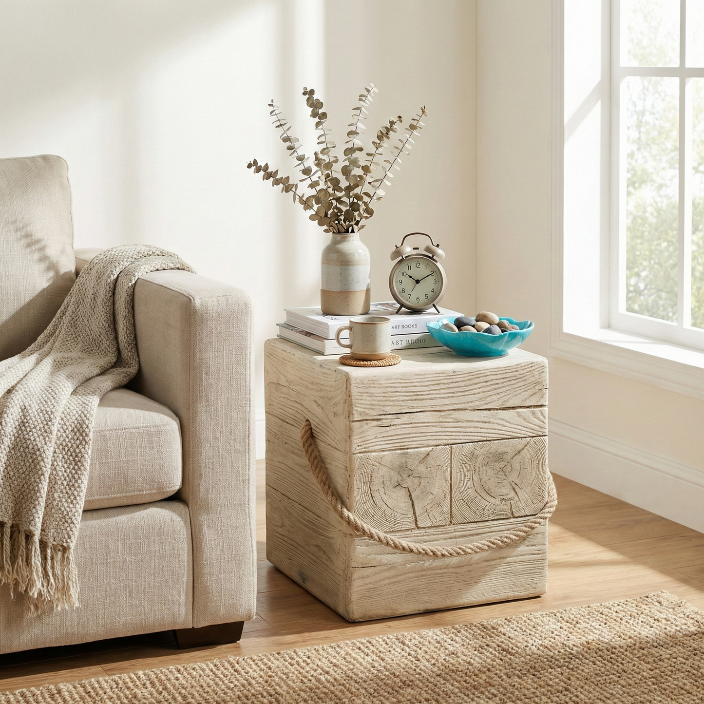 Outdoor Wood Grain Square MGO Side Table with Simulated Braided Cord
