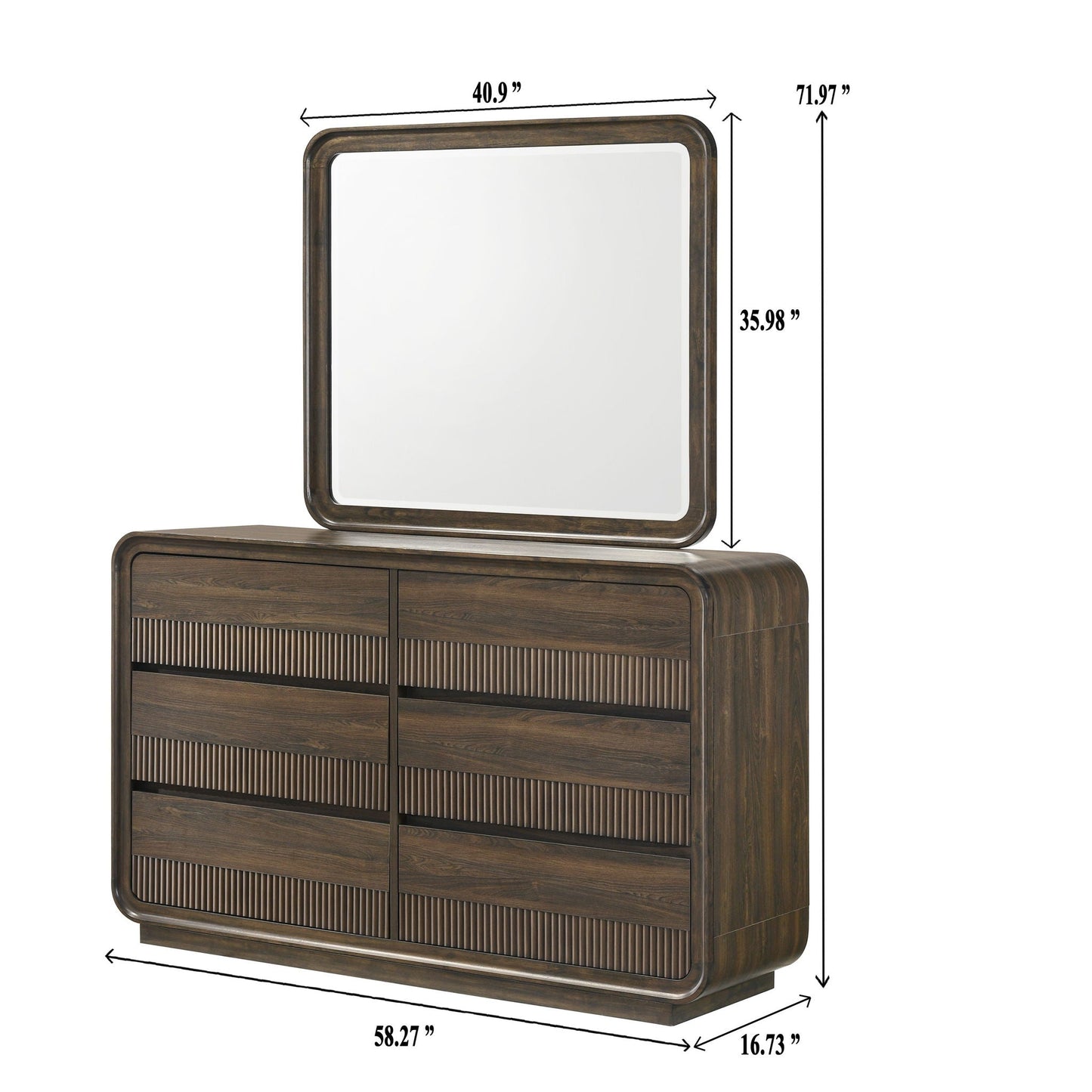 Flair Rounded Edges 1 Piece Dresser, 6 Drawer Storage Bedroom Furniture - Brown