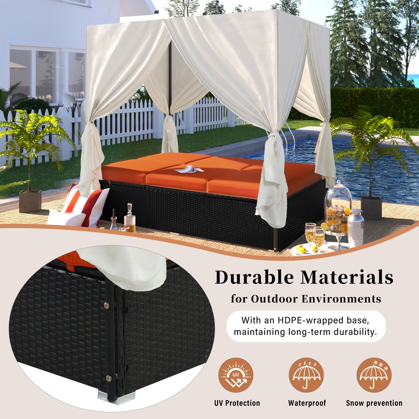 U_STYLE Outdoor Double Chaise Lounge Daybed with Curtains