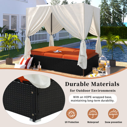 U_STYLE Outdoor Double Chaise Lounge Daybed with Curtains
